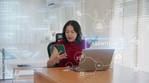 Young asian woman happy smile using search on phone Agent AI app retail shop store pay buy at home Modern Agentic bot order assisted people easy booking hotel ticket vacation smart life virtual wallet