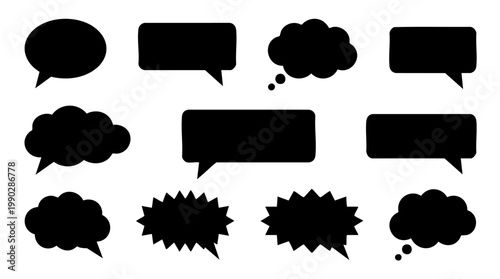 Vector illustration of a collection of black speech and thought bubbles in various shapes and sizes