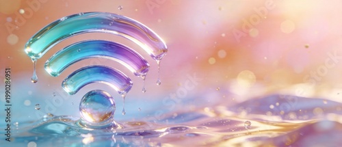 A futuristic WiFi symbol emerges from rippling water with colorful lights.
