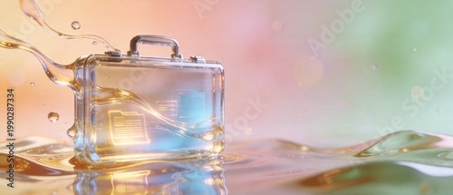 A clear briefcase is submerged in rippling water with a handle on top and a pastel-colored background.