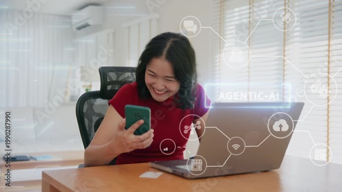 Young asian woman happy smile using search on phone Agent AI app retail shop store pay buy at home Modern Agentic bot order assisted people easy booking hotel ticket vacation smart life virtual wallet