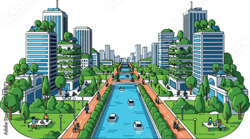 A serene cityscape with a river running through a lush park surrounded by tall buildings and trees.