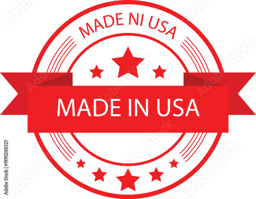 Red circular badge proclaiming made in usa with stars and ribbon