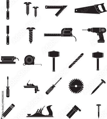 Set of black icons representing different manual and power tools for carpentry and home repair