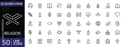 Religion icons set. Includes symbols of faith, worship, prayer, sacred texts, religious buildings, and spirituality. Editable stroke. Vector illustration. Outline icons.