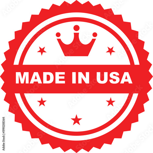 Red and white circular badge proclaiming made in usa with stars