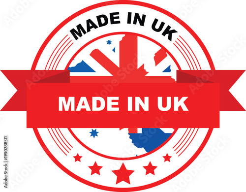 A circular made in uk badge featuring a union jack design
