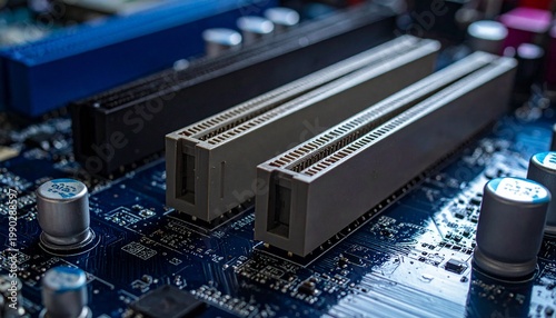 Close-up of a computer motherboard with RAM slots and other electronic components, showcasing intricate circuitry and hardware details.