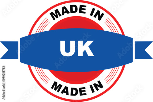 A circular badge proclaiming made in uk with a bold design