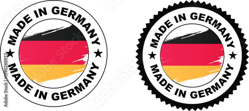 Two circular emblems displaying the german flag and made in germany