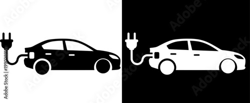 Electric Car Charging Vector Icon black and white with Plug and EV Silhouette for Sustainable Transportation.