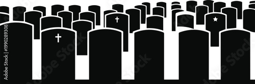 A black and white image of many tombstones in a cemetery