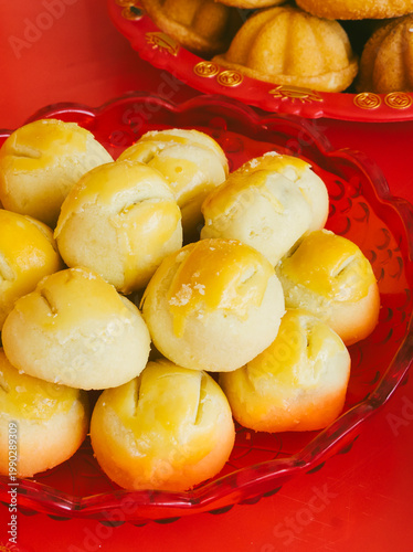 The pineapples pastry is displaying on the table in Chinese New Year.