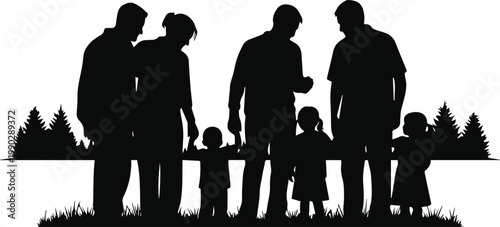 A family stands together in a park