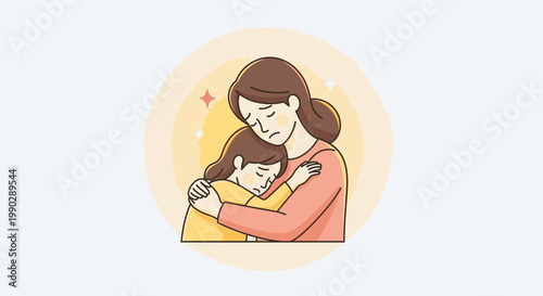 Illustration of a woman hugging a child in a warm, circular frame with soft pastel colors and a gentle mood.