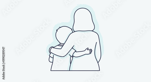 Line drawing of a woman embracing a child from behind against a white background with a simple and tender mood.