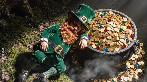 Wallpaper Mural Leprechaun asleep by pot of gold coins and jewels in forest clearing St. Patrick's Day themed fantasy image in vibrant detailed style Torontodigital.ca