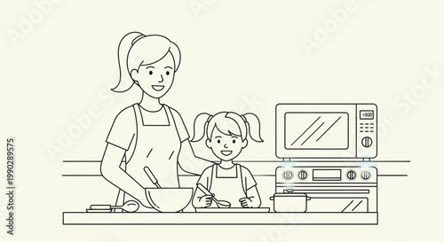 A mother and daughter in a kitchen with a microwave and oven, preparing food together in a line drawing style with a simple background.