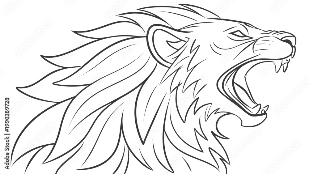 Obraz premium Lion head roaring fierce expression line art illustration with predator strength aggressive wildlife illustration majestic