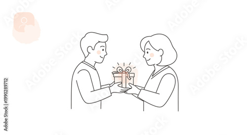 Line drawing of a man and woman exchanging a wrapped gift with a bow on a white background in a simple, minimalist style.