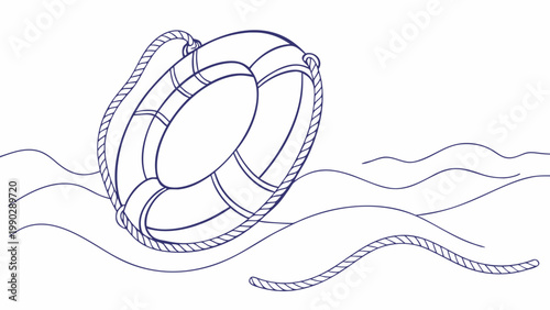 Lifebuoy floating on wavy water simple line drawing with rope life preserver ring buoy line art lifebuoy survival swimming maritime nautical