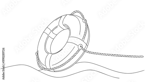 Lifebuoy with rope floating on gentle waves outline illustration life preserver ring buoy line art lifebuoy survival swimming maritime