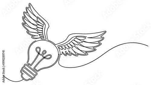 One line drawing of a light bulb with wings flying single line innovation creativity inspiration illustration minimalist electricity knowledge
