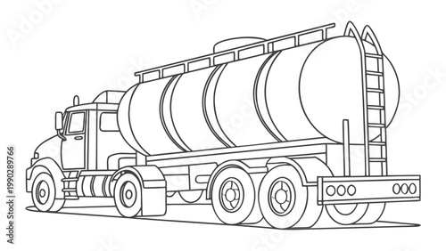 Line art of a tanker truck with a large cylindrical trailer transport commercial semitrailer automobile illustration monochrome logistics