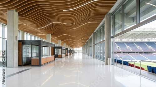 Modern stadium interior with wavy wooden ceiling and glass walls