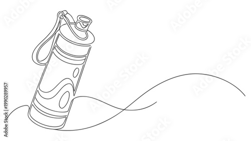 Continuous line drawing of a reusable water bottle with a strap on a flowing wavy surface reusable hydration container lifestyle activity