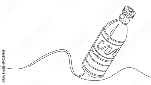 Single line drawing of a plastic water bottle with a cap on a flowing wavy surface environmental issue hydration container minimalist illustration