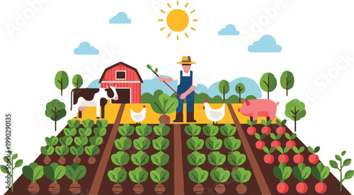 Farmer standing in a lush farm field with barn and animals nearby under sunny sky