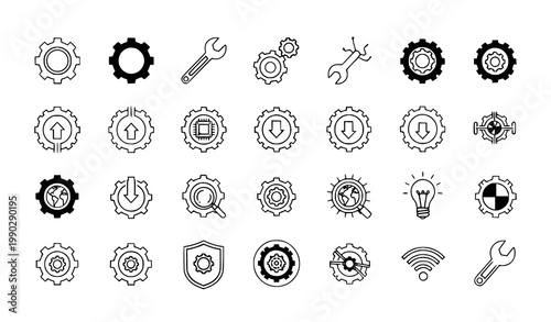 Foto Collection of black and white mechanical gear icons with tools and technology sy