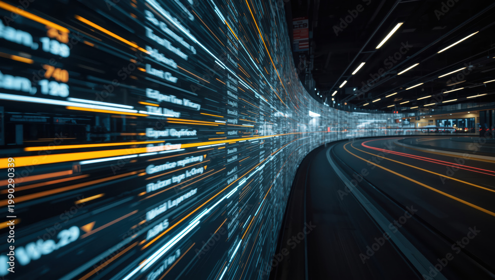 Fototapeta premium Curved digital information tunnel with motion blur and glowing data lines