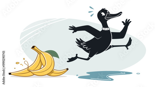 A cartoon duck slipping on a banana peel in a comedic scene