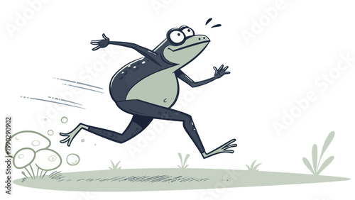 A cartoon frog running quickly through a grassy field with mushrooms