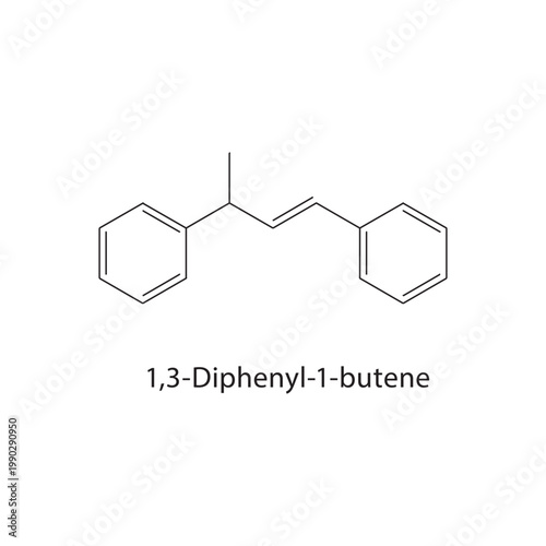 1,3-Diphenyl-1-butene skeletal structure. alkene compound schematic illustration. Simple diagram, chemical formula.