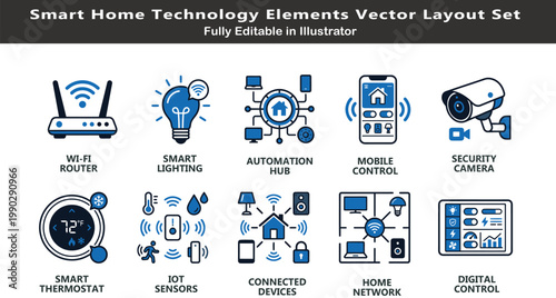 Smart home technology vector icons set, top view IoT system layout, WiFi router, lighting, automation hub, security camera, digital control