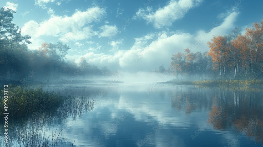 Fototapeta premium Misty Autumn Lake With Golden Trees and Reflecting Sky Under Wispy Clouds