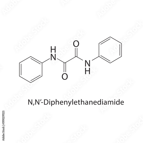 N,N’-Diphenylethanediamide skeletal structure. amide compound schematic illustration. Simple diagram, chemical formula.