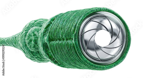 Detailed Close-Up of a Green Fiber with Metallic Camera Lens Element, isolated on transparent background
