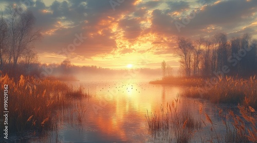 Golden Hour Sunrise Over Misty Lake Surrounded by Reeds and Silhouetted Trees Warm Light