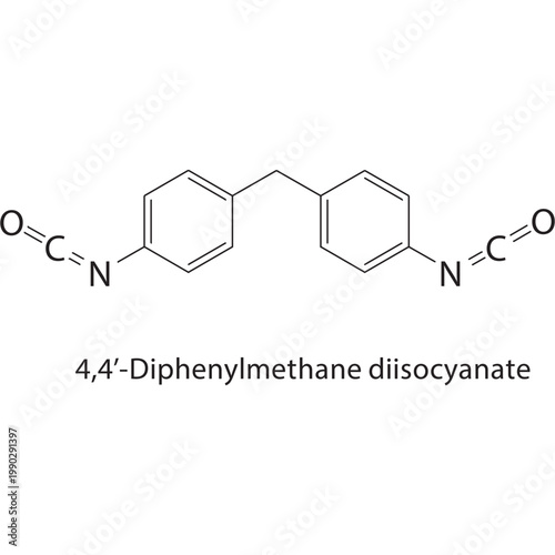 4,4’-Diphenylmethane diisocyanate skeletal structure. isocyanate compound schematic illustration. Simple diagram, chemical formula.