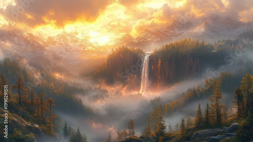 Golden Sunrise Illuminates Misty Mountain Valley With Cascading Waterfall And Lush Pine Forest