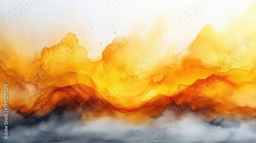 Abstract Watercolor Painting Of Fiery Orange Yellow Mountain Range With Gray Mist Below And Bright