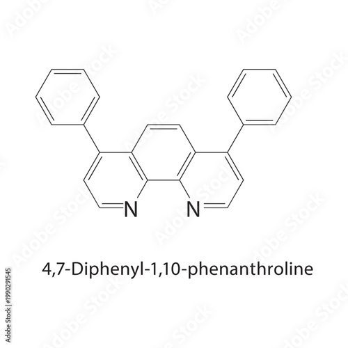 4,7-Diphenyl-1,10-phenanthroline skeletal structure. heterocycle compound schematic illustration. Simple diagram, chemical formula.