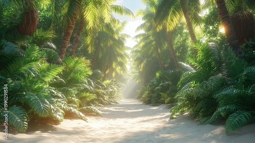 Sunlit Sandy Path Through Lush Tropical Rainforest With Dense Greenery And Palm Trees