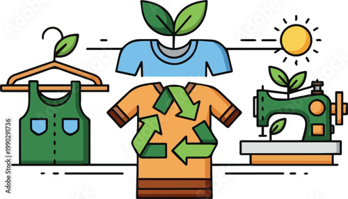 Sustainable fashion concept with eco-friendly clothing and sewing machine outdoors