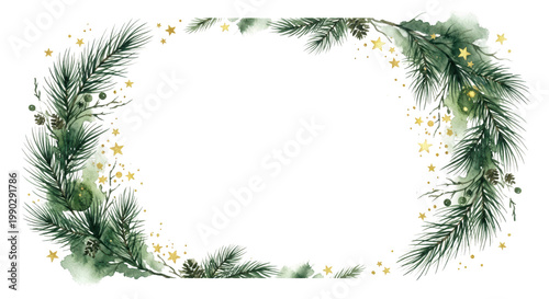Festive Greenery Frame with Gold Accents for Holiday Greeting Designs, isolated on transparent background