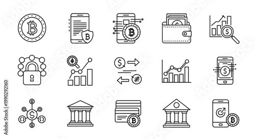 Digital currency icons and financial concepts illustration.